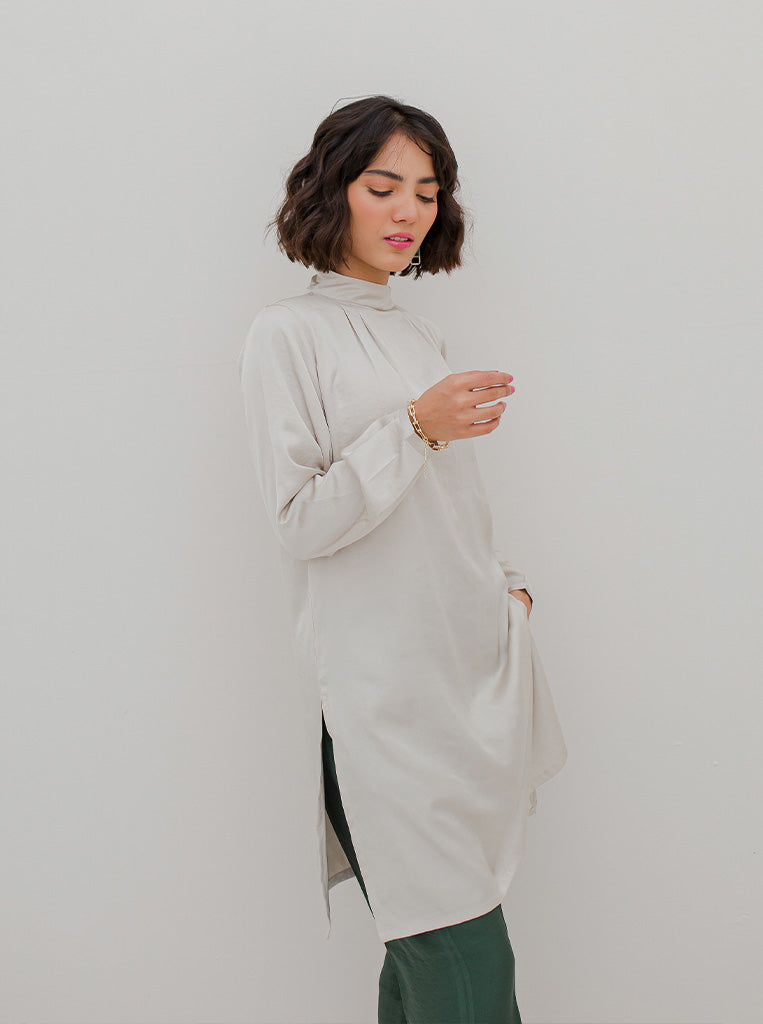 IVORY MOCK NECK SILK TUNIC