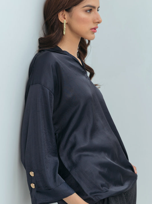 NAVY SILK COLLAR BAGGY TOP