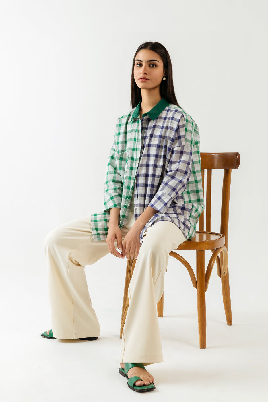 Color Blocked Checkered Button Down Shirt