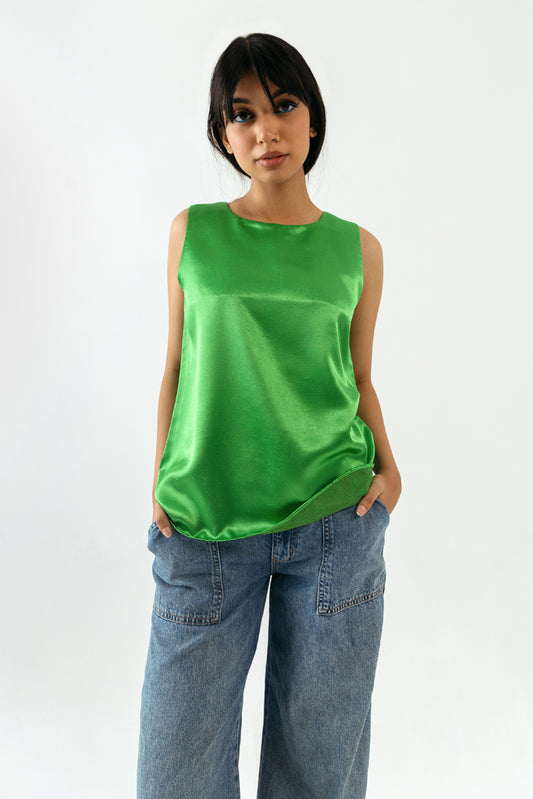 Neon Green Sleeveless Silk Top