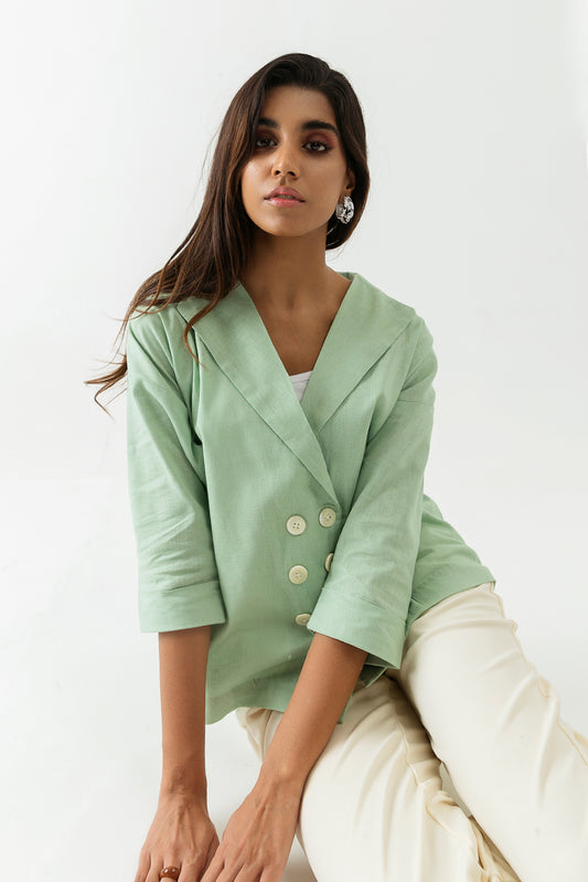 SEA GREEN LINEN OVERLAPPED SHIRT