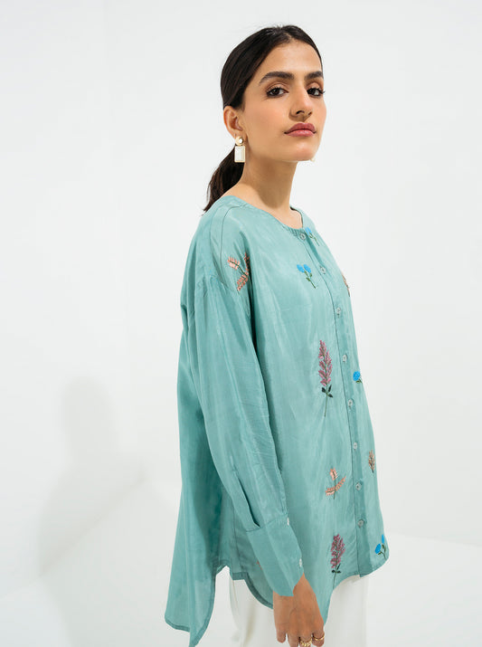 Teal Embroidered Silk Top