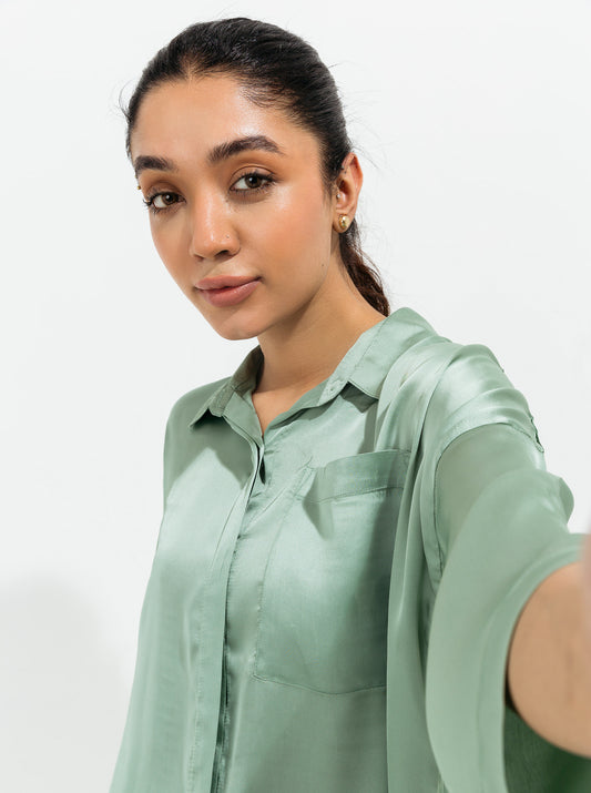 Dull Green Silk Collar Top