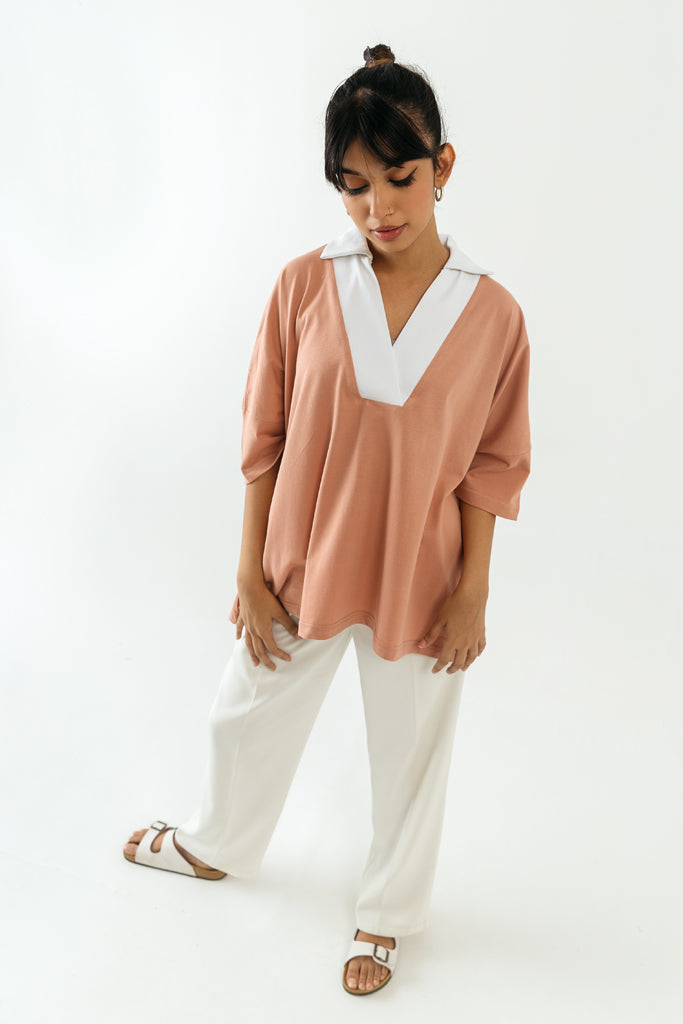 Coral Pink Ribbed Collar Top