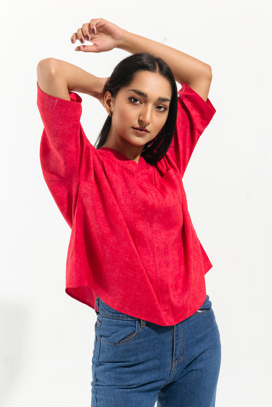 TEXTURED RED V NECK TOP