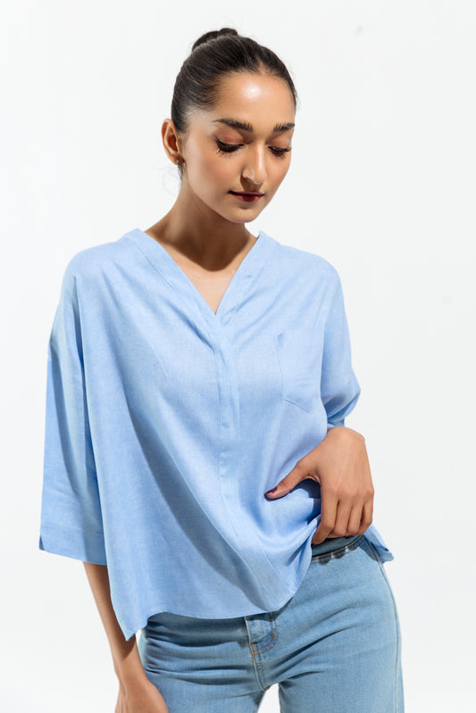 TEXTURED LIGHT BLUE V NECK TOP