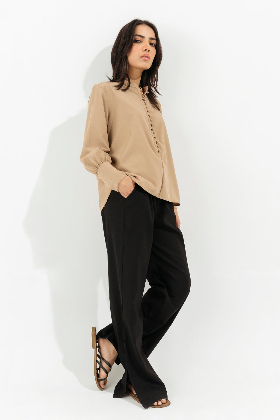 BROWN BAND COLLAR TOP