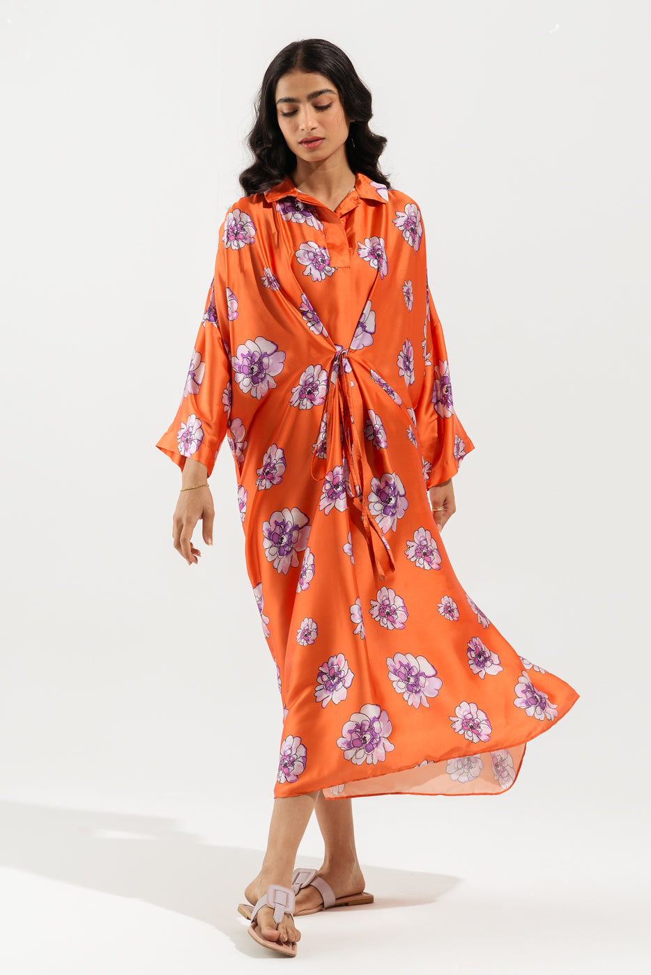 RUST ORANGE ABSTRACT FLORAL LONG TUNIC