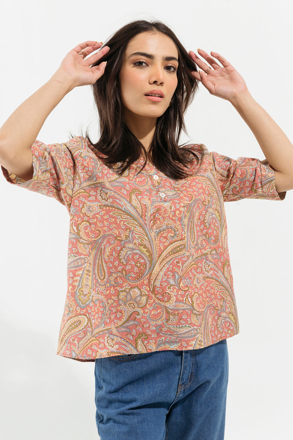 PRINTED V NECK TOP