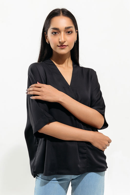 BLACK OVERLAPPED SATIN TOP