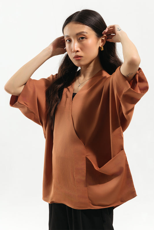 BROWN OVERLAPPED SATIN TOP