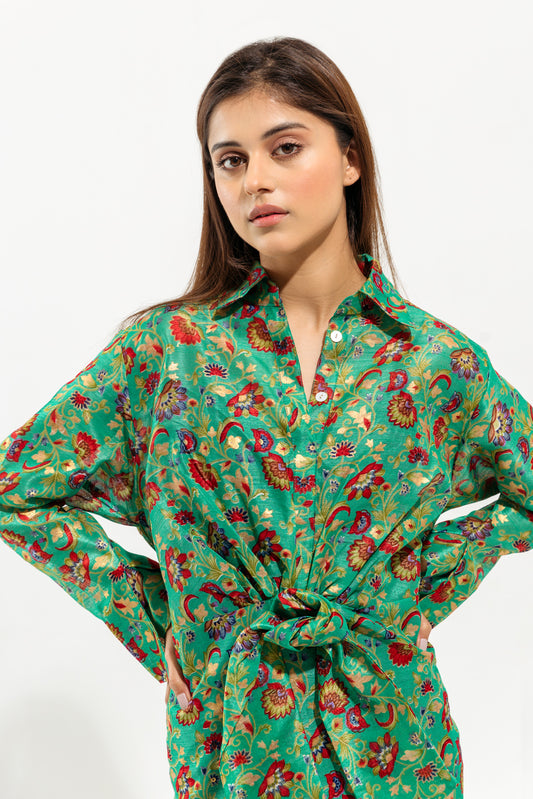 GREEN PRINTED KNOTTED LONG DRESS