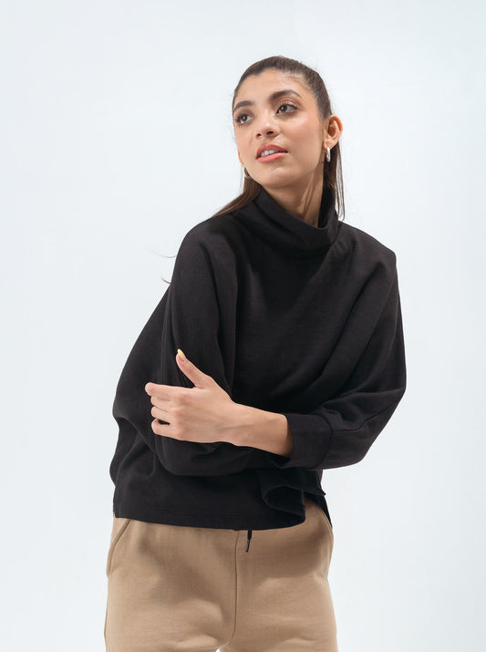 BLACK BATWING SLEEVED FLEECE SWEATSHIRT