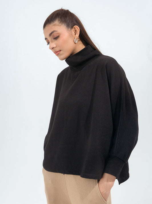 BLACK BATWING SLEEVED FLEECE SWEATSHIRT