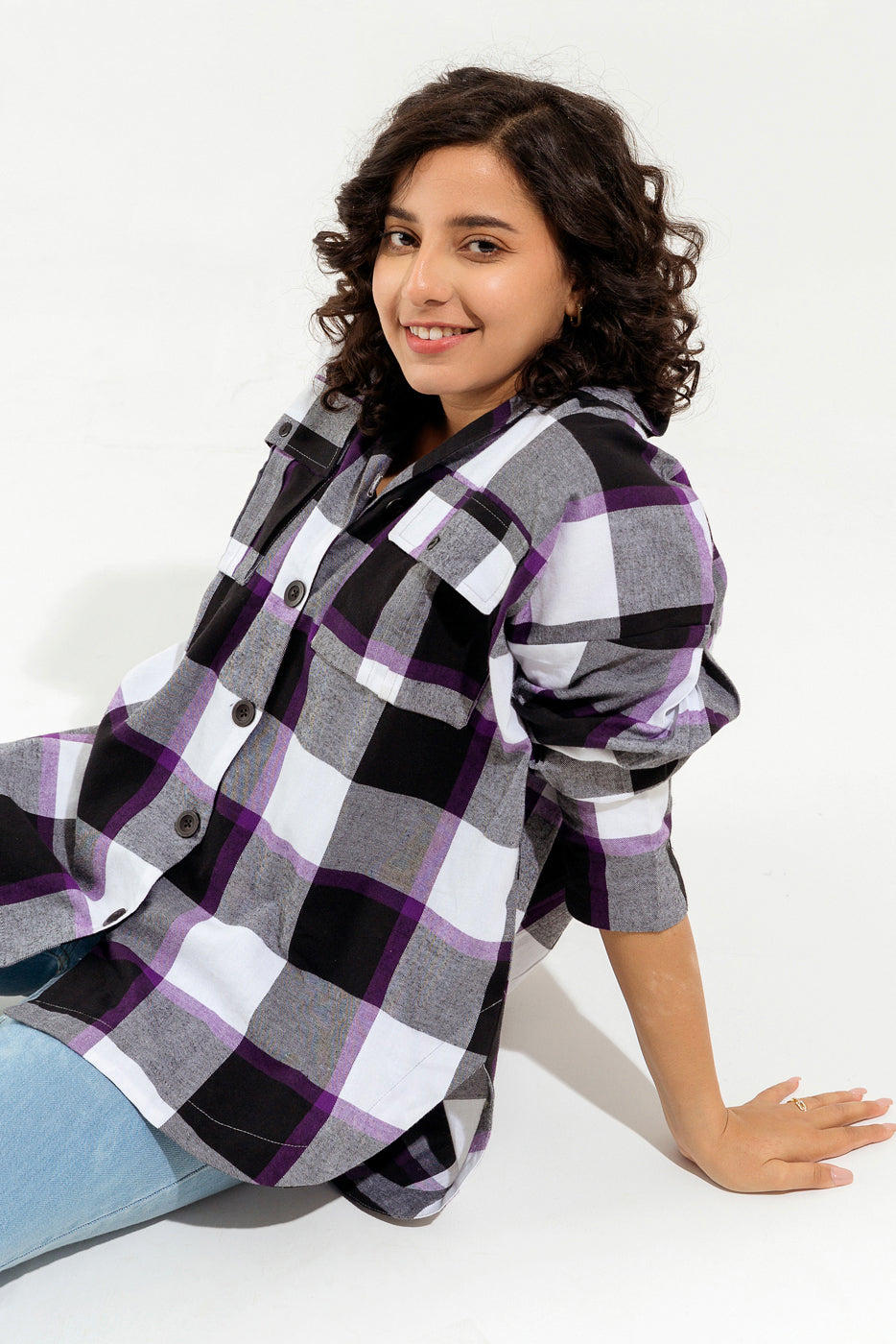 PURPLE CHECKERED BUTTON DOWN SHIRT
