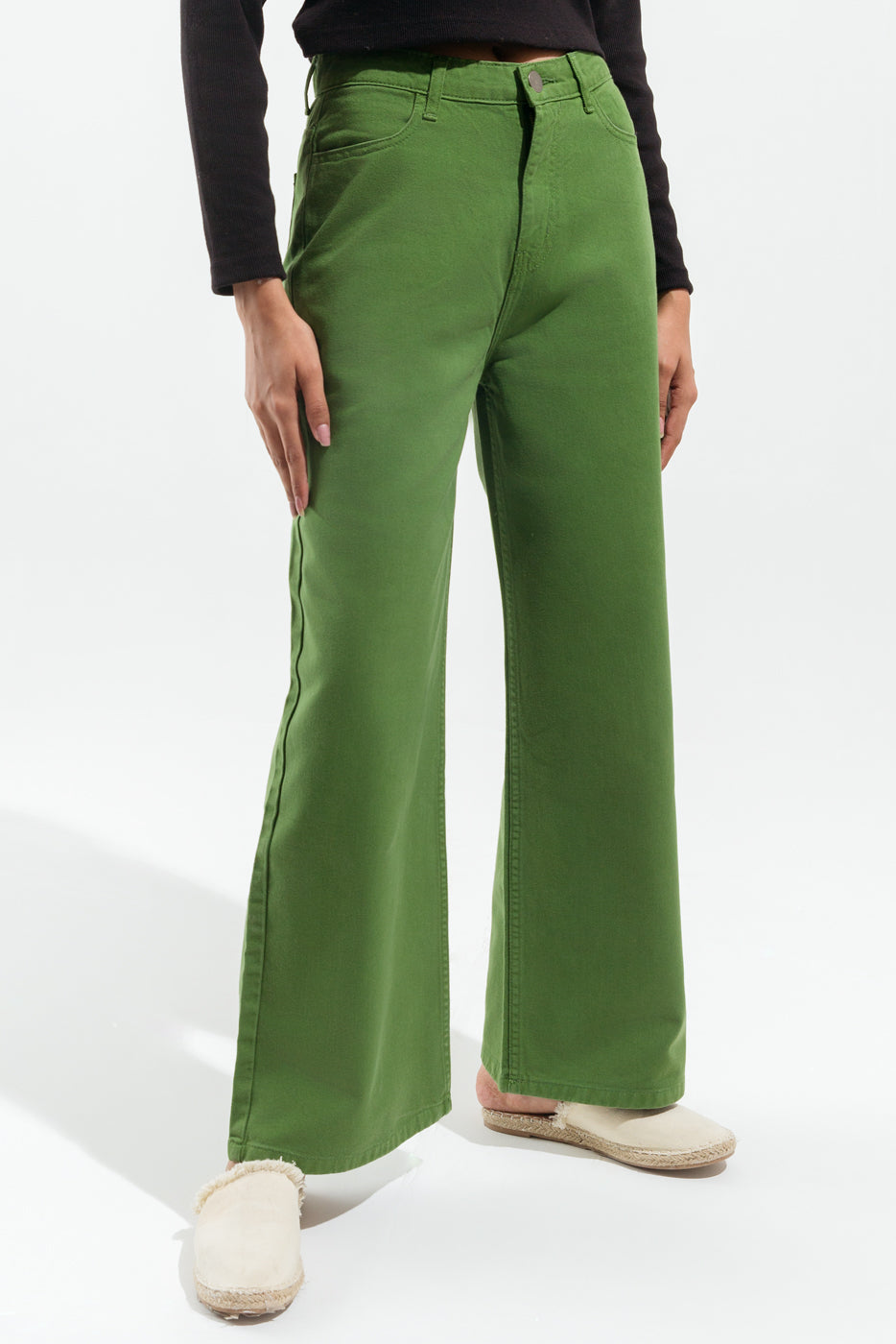 Green Full Length Wide Leg Pants - BEECHTREE