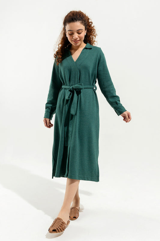 GREEN TEXTURED KNIT LONG TUNIC