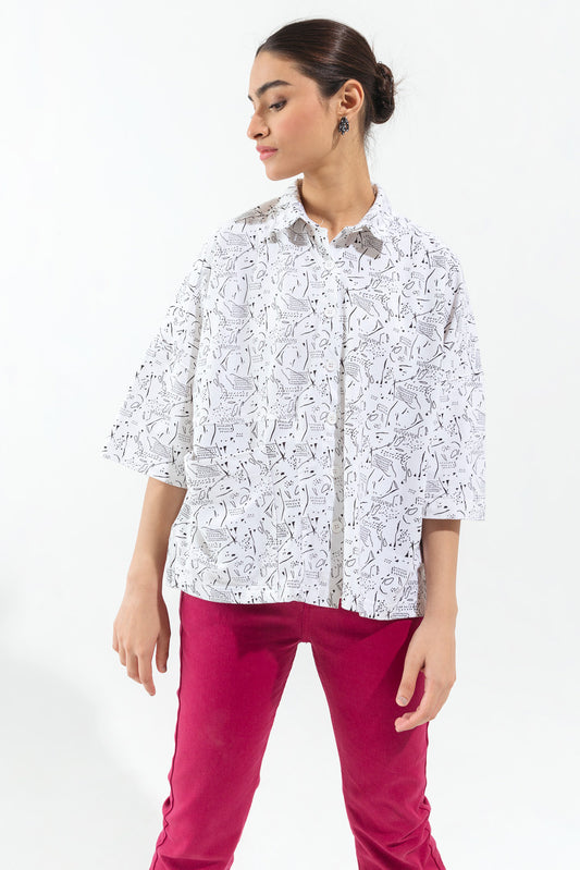 WHITE PRINTED BUTTON DOWN SHIRT