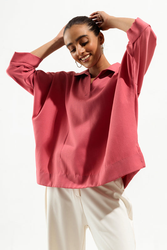 PINK BATWING COLLARED TOP