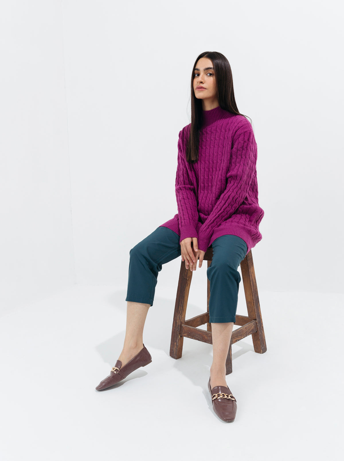 PLUM CABLE KNIT LONG PULLOVER