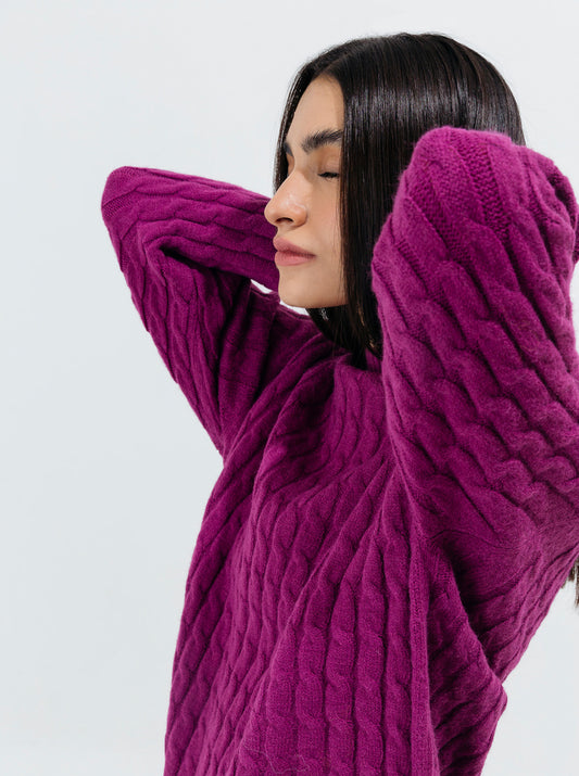 PLUM CABLE KNIT LONG PULLOVER