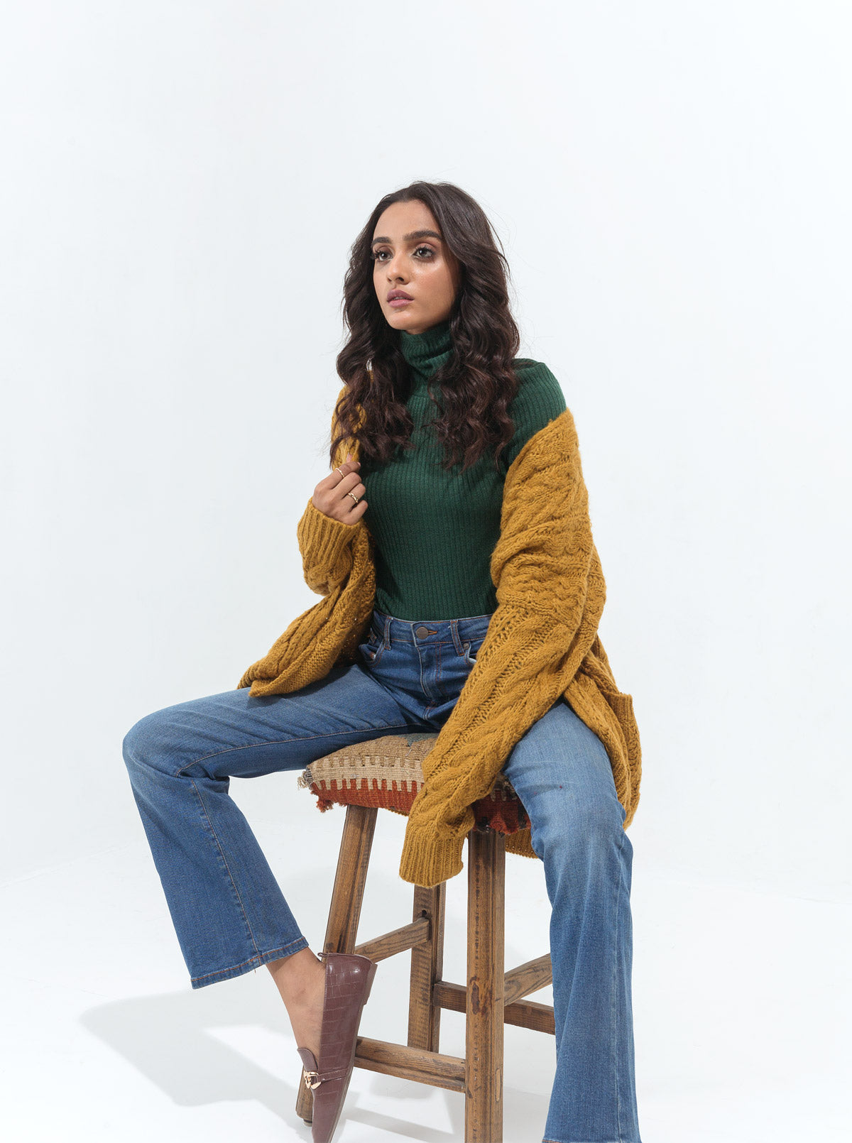 MUSTARD CABLE KNIT POCKET SHRUG