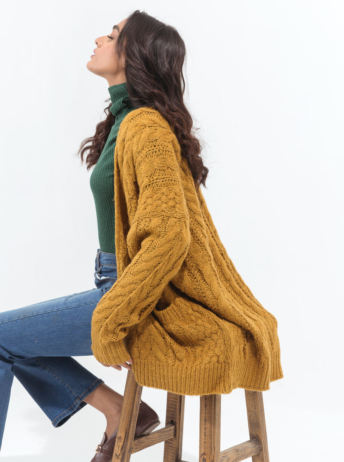 MUSTARD CABLE KNIT POCKET SHRUG