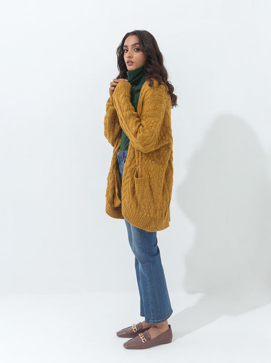 MUSTARD CABLE KNIT POCKET SHRUG