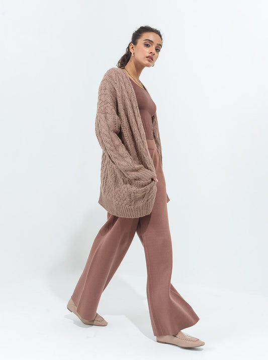 DULL TAUPE CABLE KNIT POCKET SHRUG