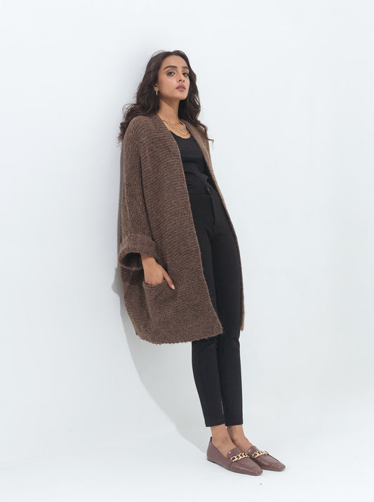 BROWN BOXY TEXTURED KNIT SHRUG