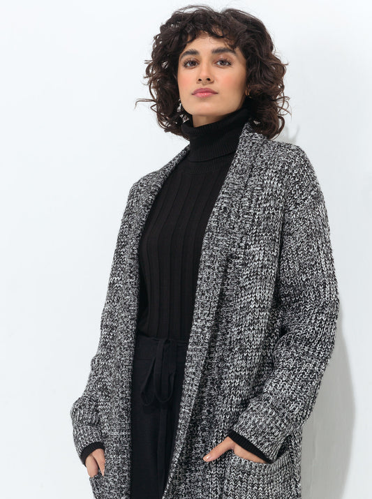 MELANGE GRAY LONG TEXTURED KNIT SHRUG