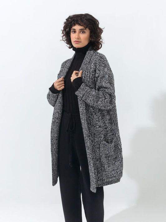 MELANGE GRAY LONG TEXTURED KNIT SHRUG