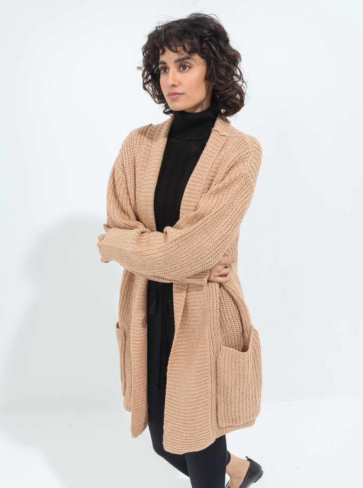 BEIGE LONG TEXTURED KNIT SHRUG