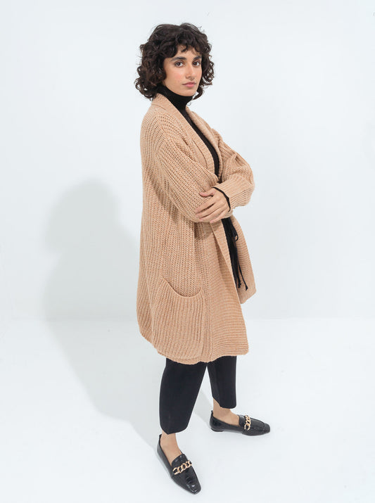 BEIGE LONG TEXTURED KNIT SHRUG