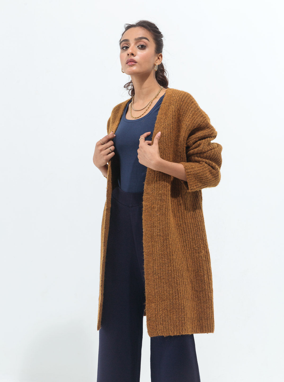 DARK MUSTARD FUZZY RIB KNIT SHRUG