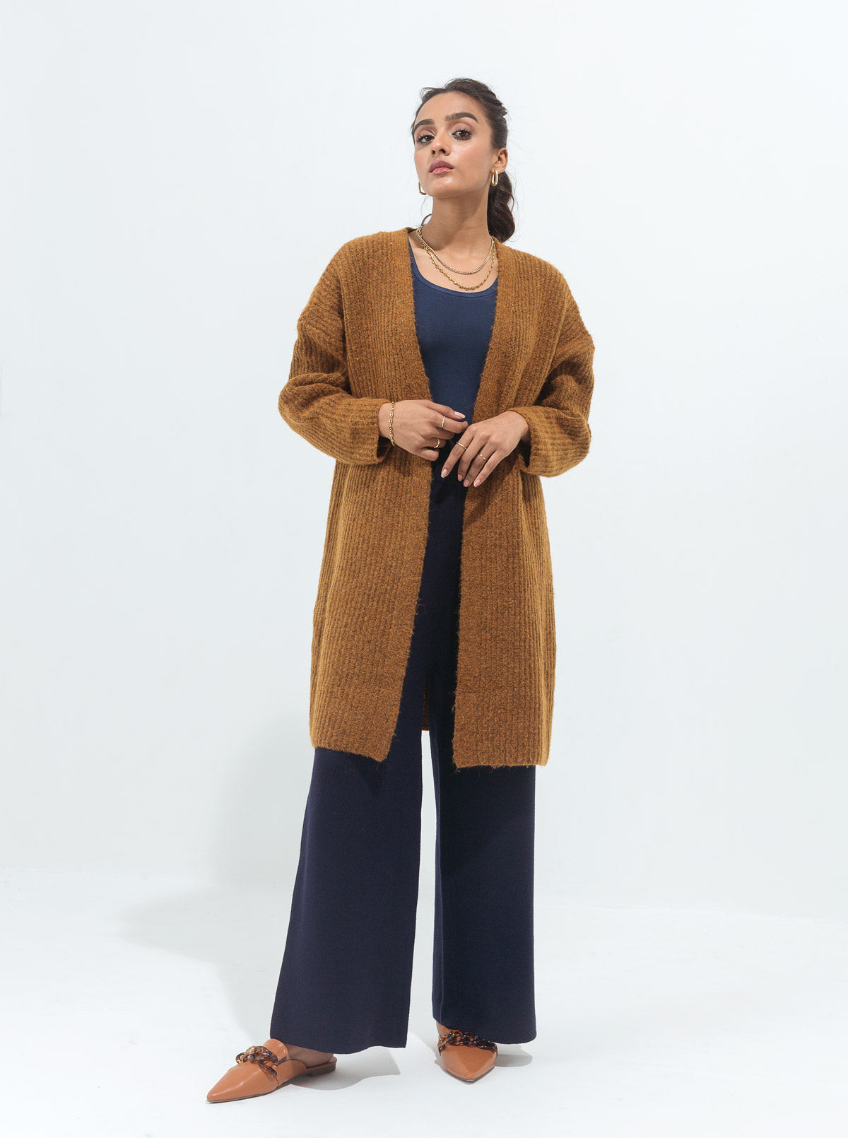 DARK MUSTARD FUZZY RIB KNIT SHRUG