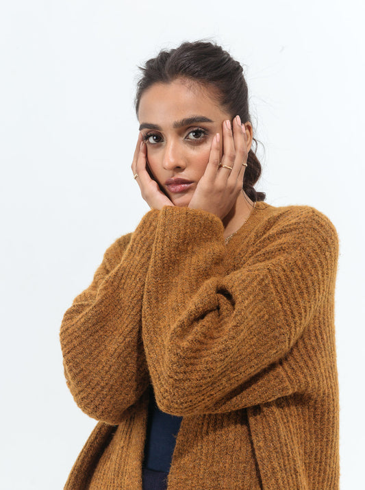 DARK MUSTARD FUZZY RIB KNIT SHRUG