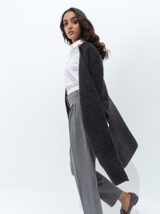 DARK GRAY FUZZY RIB KNIT SHRUG