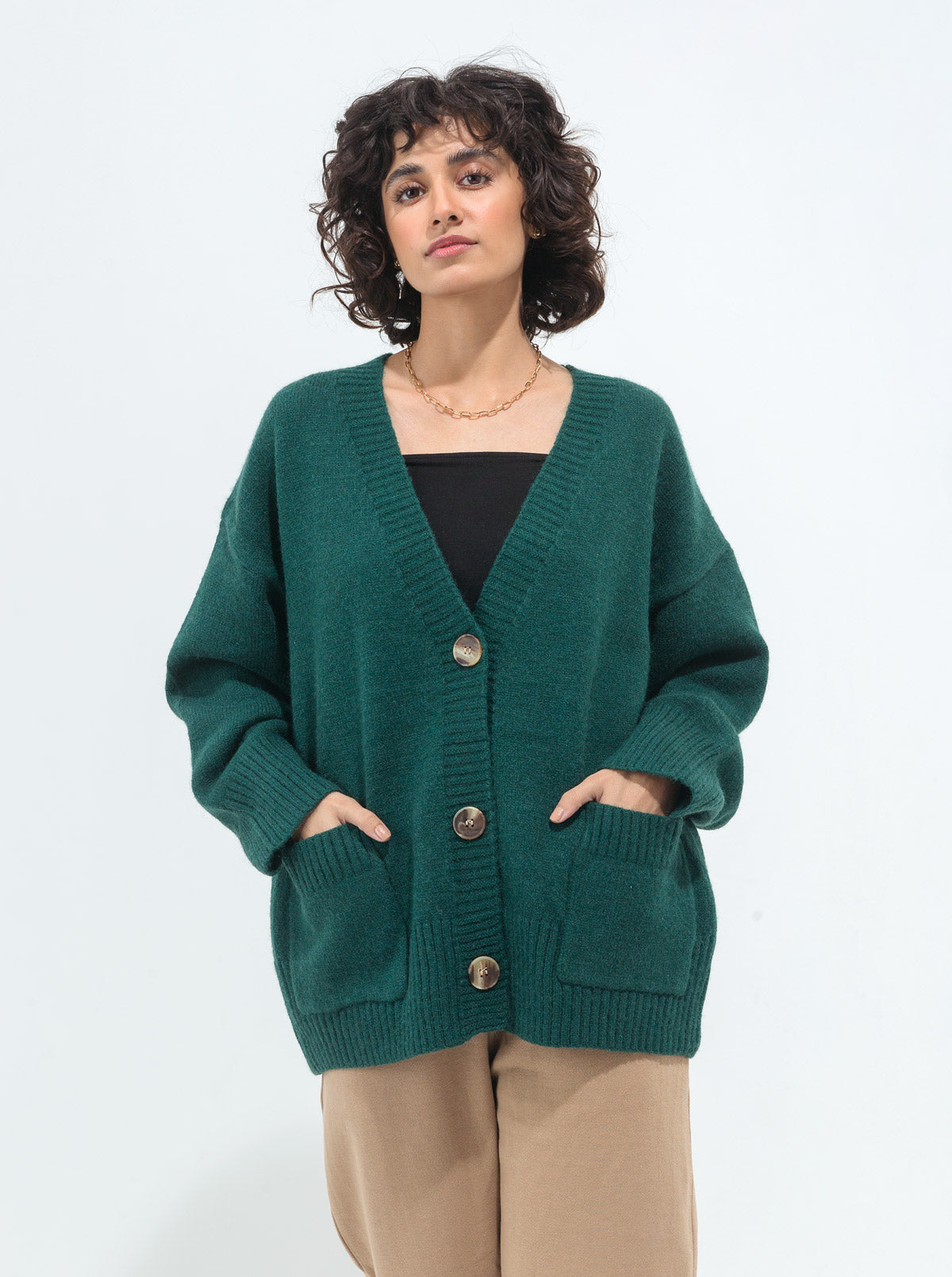 DARK GREEN OVERSIZED POCKET CARDIGAN