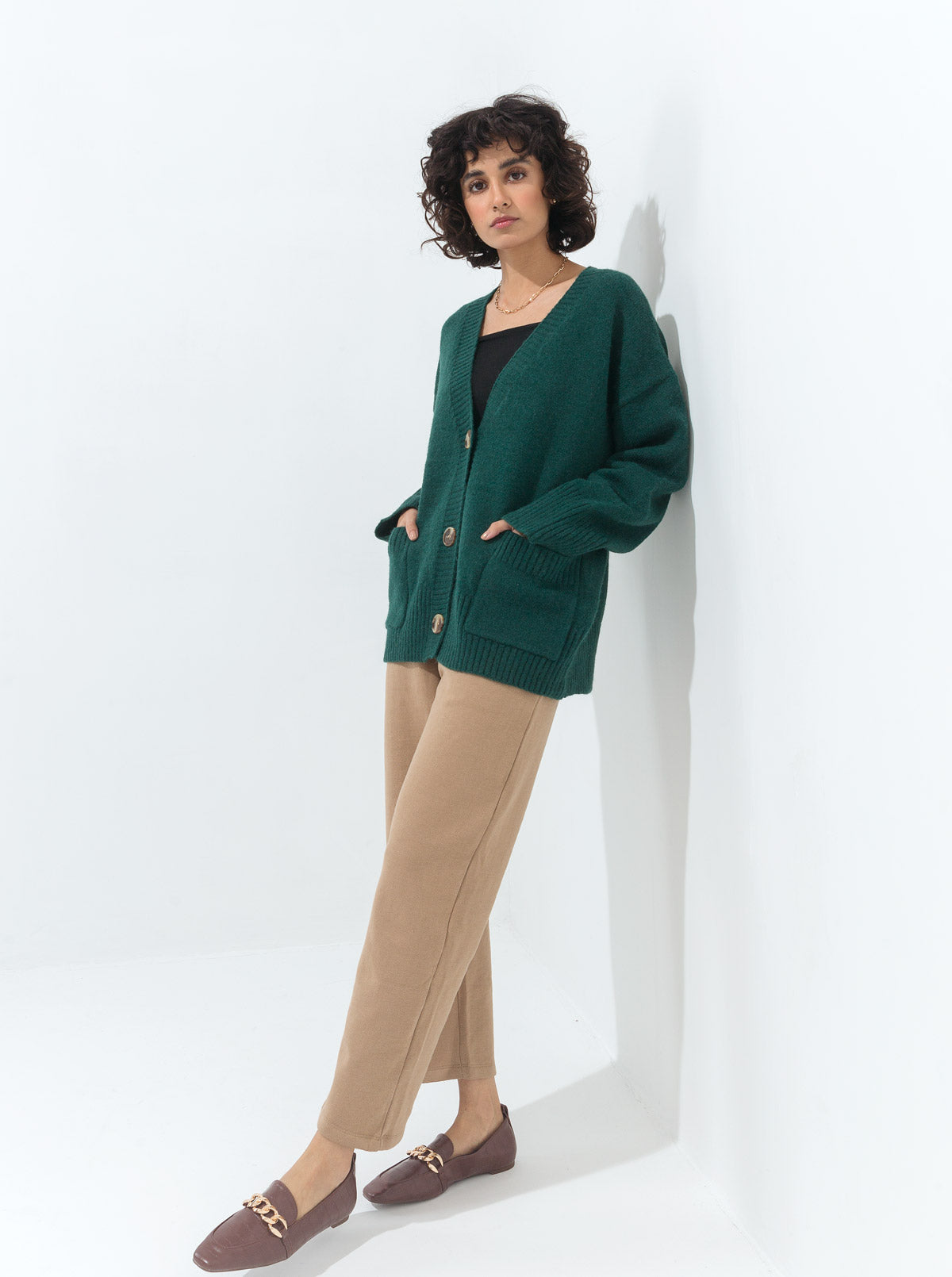 DARK GREEN OVERSIZED POCKET CARDIGAN