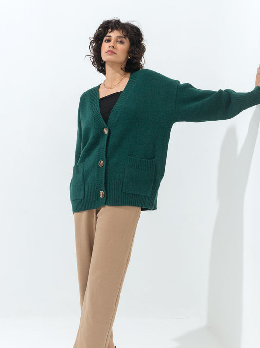 DARK GREEN OVERSIZED POCKET CARDIGAN