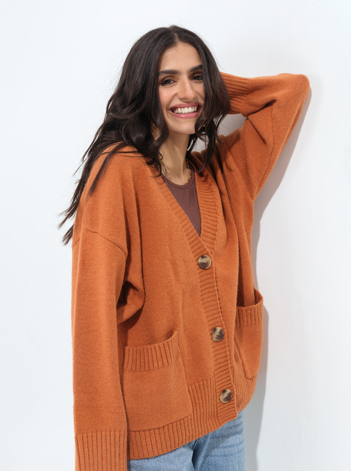 DULL ORANGE OVERSIZED POCKET CARDIGAN