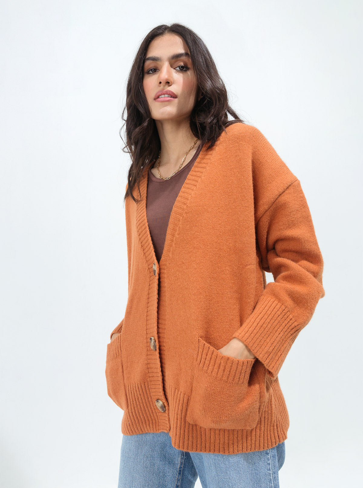 DULL ORANGE OVERSIZED POCKET CARDIGAN