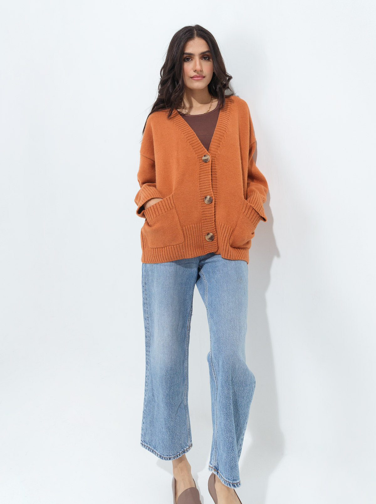 DULL ORANGE OVERSIZED POCKET CARDIGAN