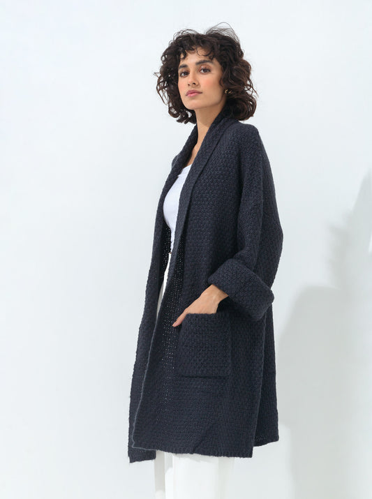 DARK BLUE LAPEL TEXTURED KNIT SHRUG