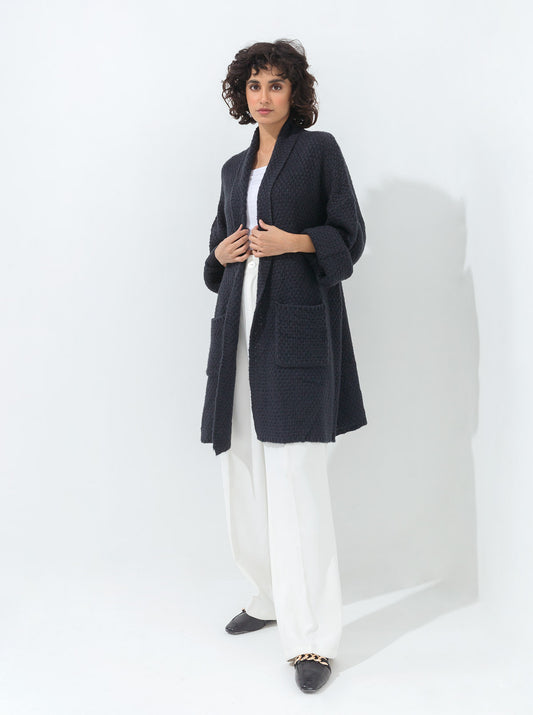 DARK BLUE LAPEL TEXTURED KNIT SHRUG