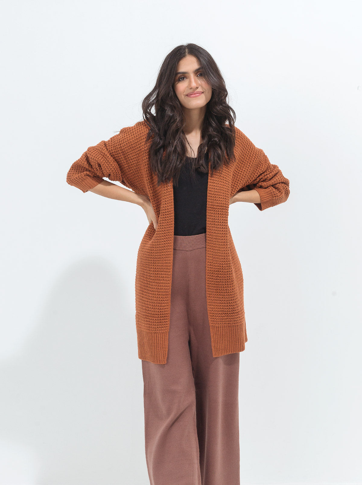 DULL RUST WAFFLE KNIT LONG SHRUG