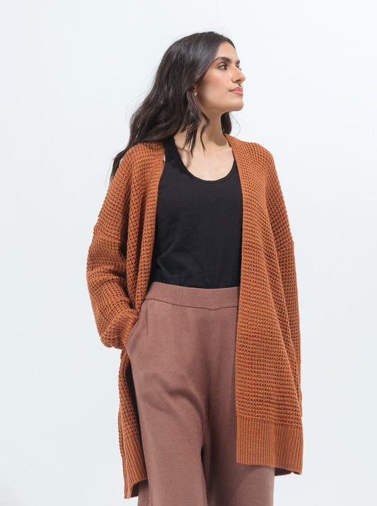 DULL RUST WAFFLE KNIT LONG SHRUG