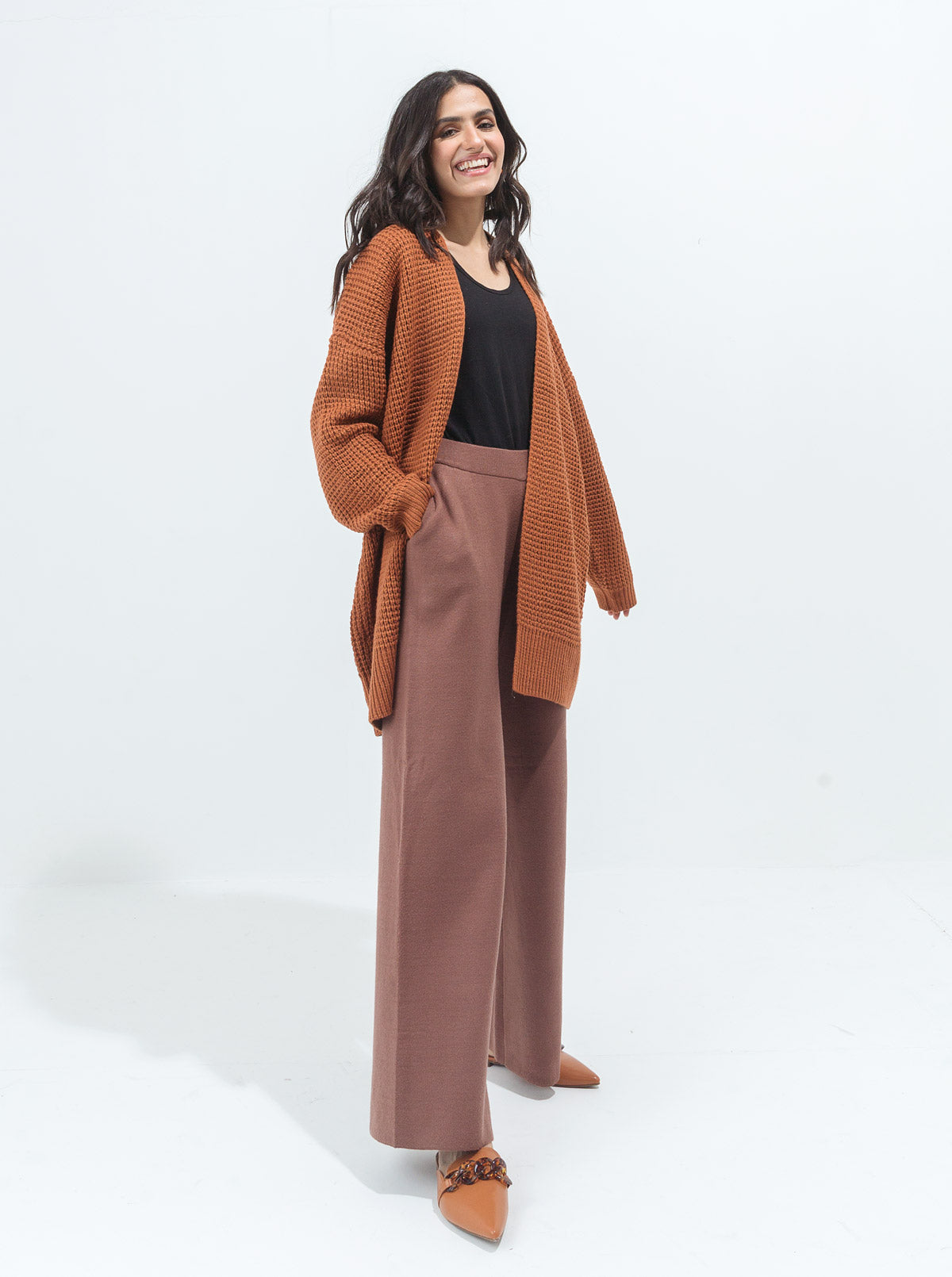 DULL RUST WAFFLE KNIT LONG SHRUG