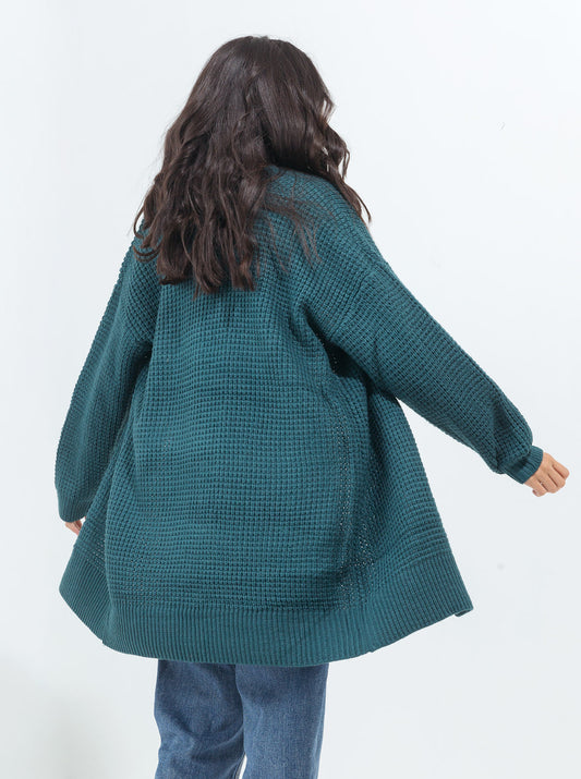 TEAL BLUE WAFFLE KNIT LONG SHRUG